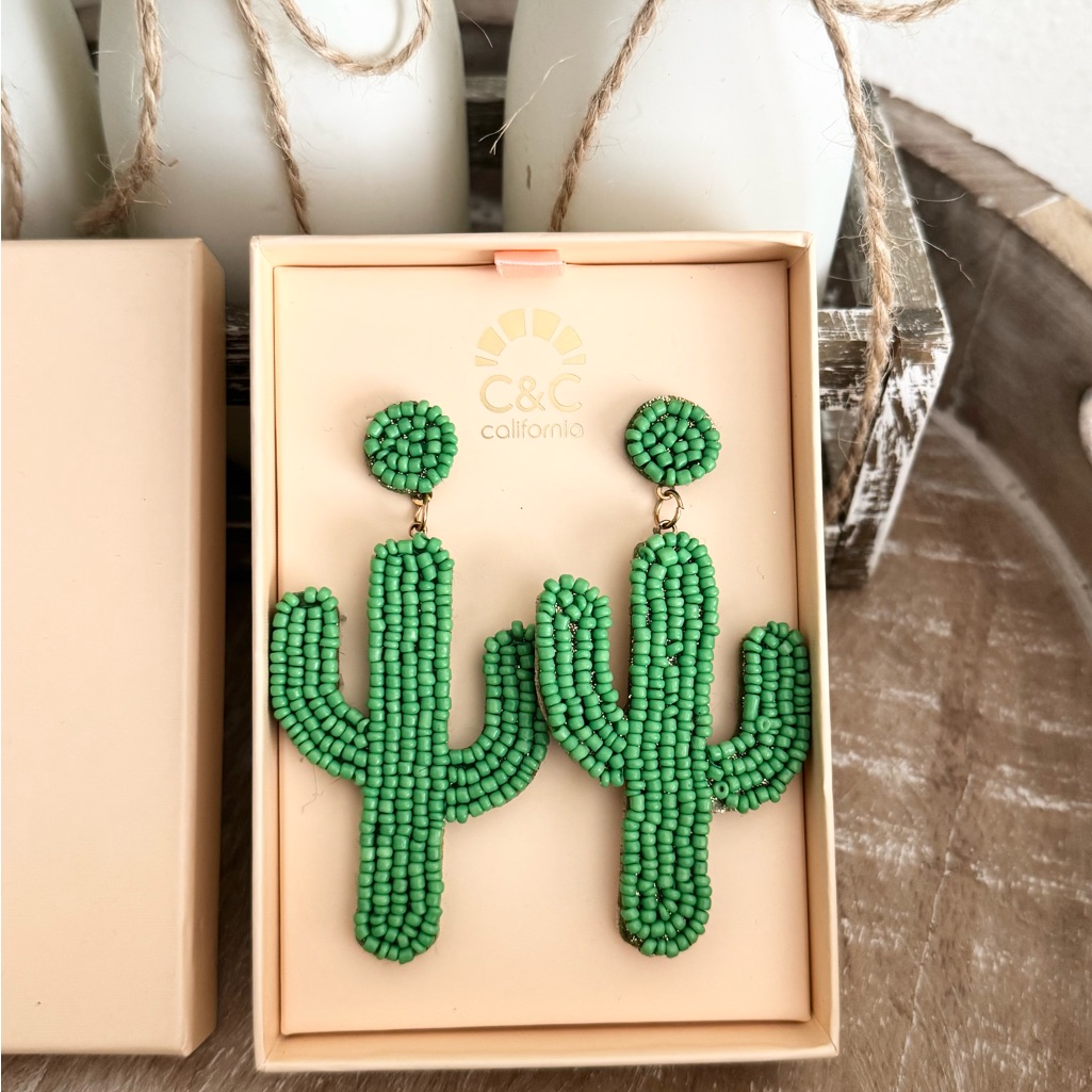 CC California Vibrant Green Beaded Cactus Earrings 18$